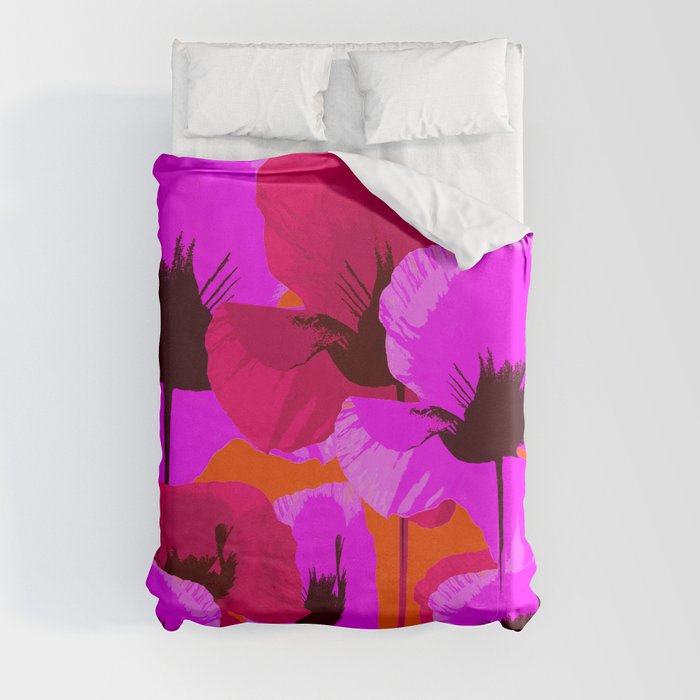 Pink And Red Poppies On A Orange Background - Summer Juicy Color Palette Retro Mood #decor #society6 Duvet Cover