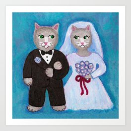 Bride and Groom Cats Art Print