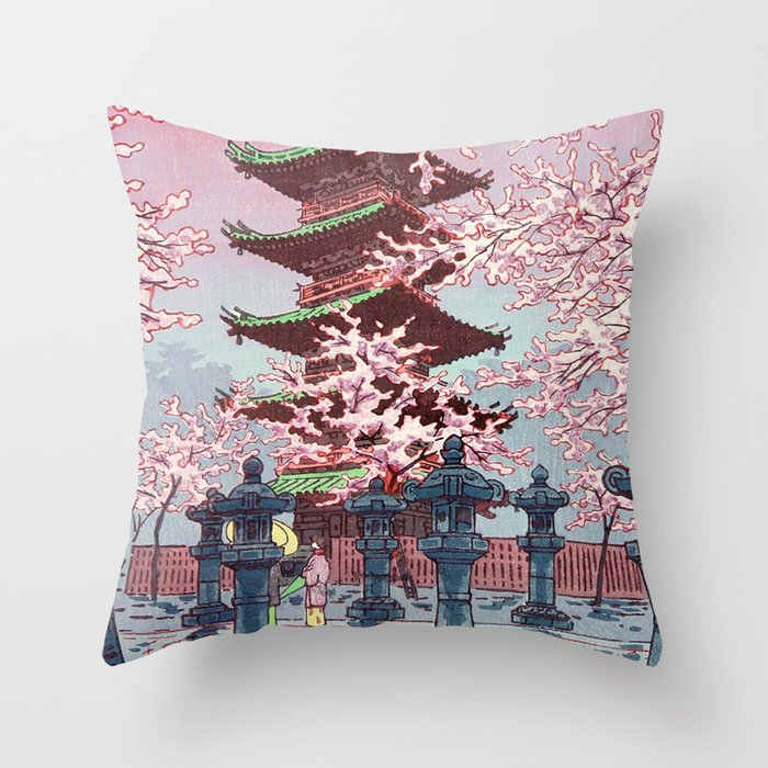 Ukiyo-e Temple Cherry Blossom Throw Pillow