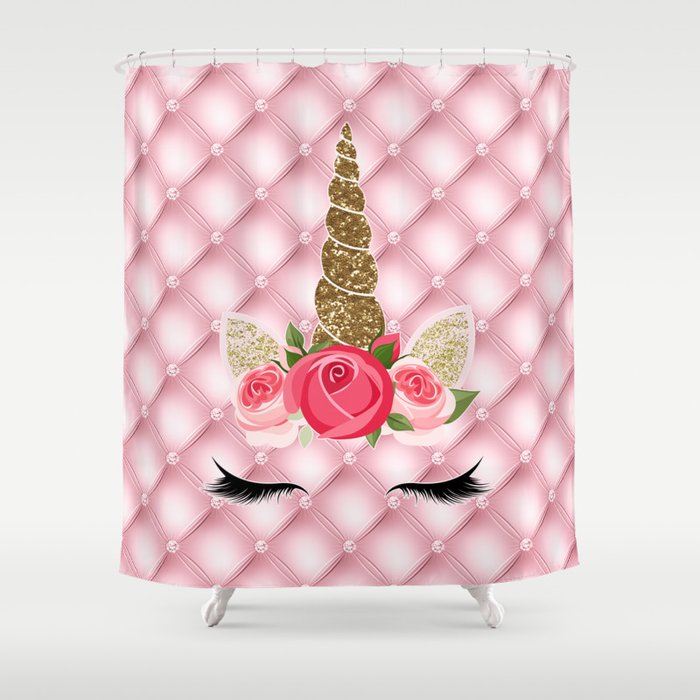 Pink Roses Gold Glitter Unicorn Shower Curtain