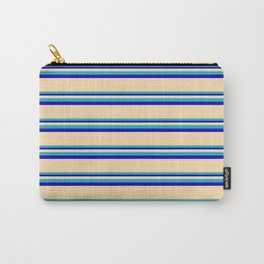 [ Thumbnail: Tan, Light Sea Green & Blue Colored Striped Pattern Carry-All Pouch ]