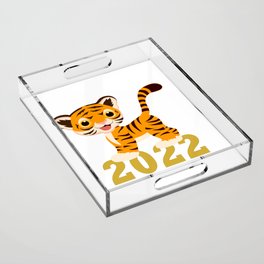 Happy New Year 2022 With Funny Tiger Cub Acrylic Tray
