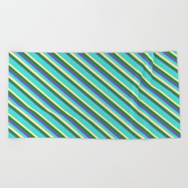 [ Thumbnail: Turquoise, Beige, Forest Green, and Slate Blue Colored Lines/Stripes Pattern Beach Towel ]