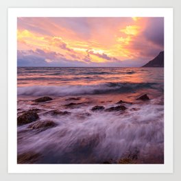 Exotic Tropical Pink Sunset Illuminating Ocean Waves Art Print