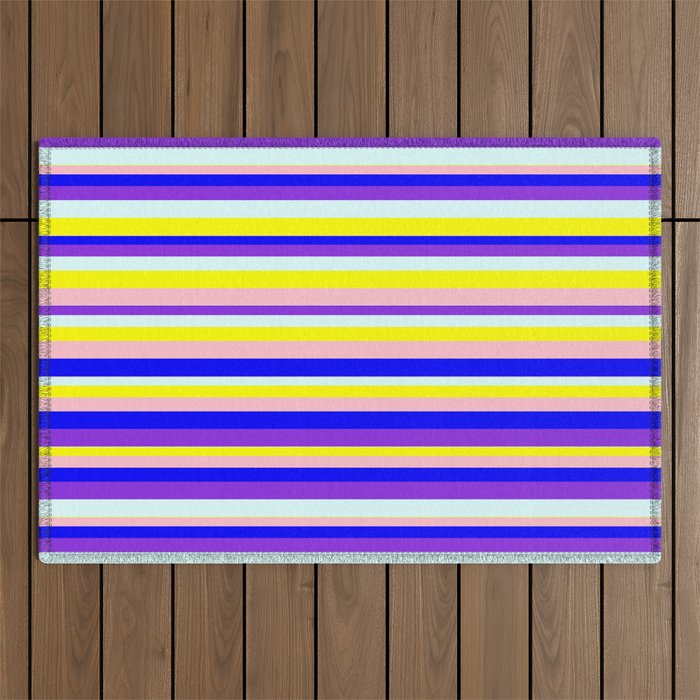 Eyecatching Pink, Blue, Purple, Light Cyan & Yellow Colored Striped Pattern Outdoor Rug