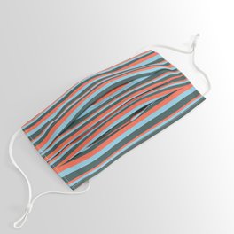 [ Thumbnail: Red, Sky Blue, and Dark Slate Gray Colored Pattern of Stripes Face Mask ]