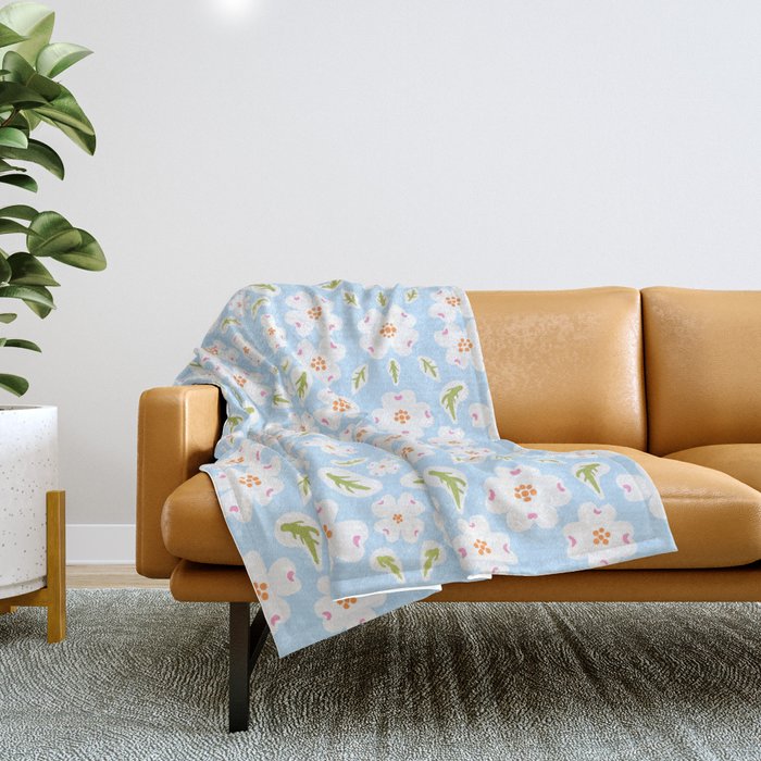 Dogwood Flowers Bloom Sunny Baby Blue And White Retro Mid-Century Modern Sweet Daisy Floral Pattern Throw Blanket