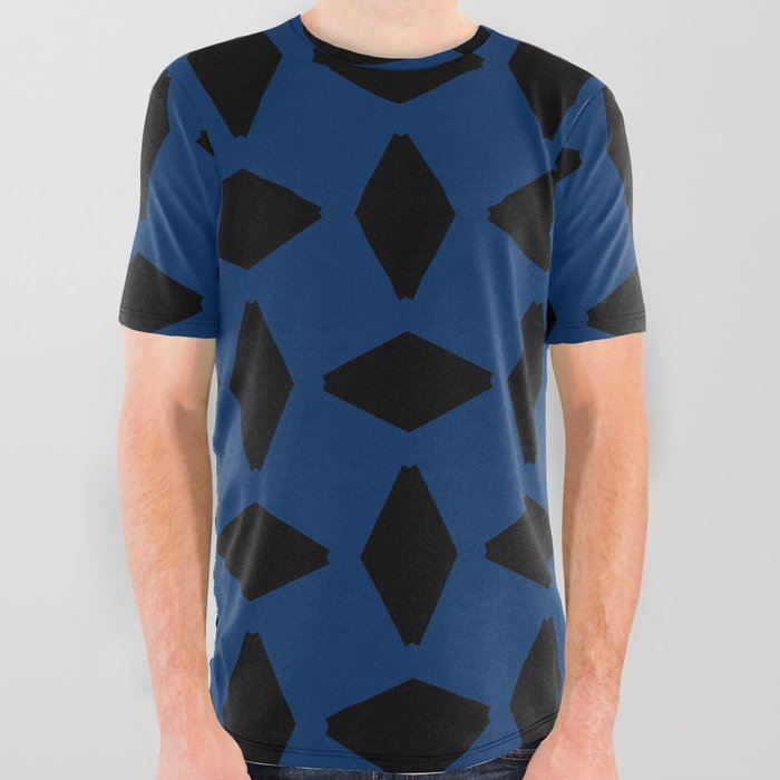 Black Geometric Retro Shapes on Navy Blue All Over Graphic Tee