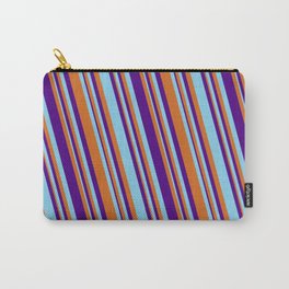 [ Thumbnail: Chocolate, Indigo & Sky Blue Colored Stripes Pattern Carry-All Pouch ]