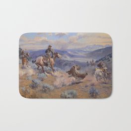 Charles Marion Russell - Loops And Swift Horses Bath Mat | Cowboys, Vintage, Charles, Watercolor, Wildwest, Nativeamericans, Landscape, Western, Cowboy, Painting 