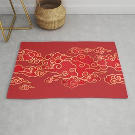 Red Clouds Oriental Asian Traditional Pattern Rug