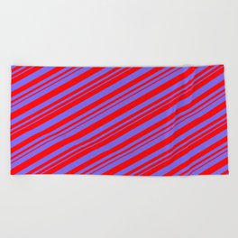 [ Thumbnail: Medium Slate Blue and Red Colored Lined Pattern Beach Towel ]