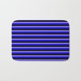 [ Thumbnail: Medium Slate Blue, Blue & Black Colored Pattern of Stripes Bath Mat ]