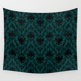 Dark Teal and Black Damask Wall Tapestry