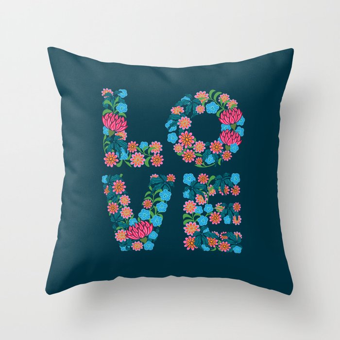 FLOWERED LOVE Floral Uplifting Lettering Throw Pillow