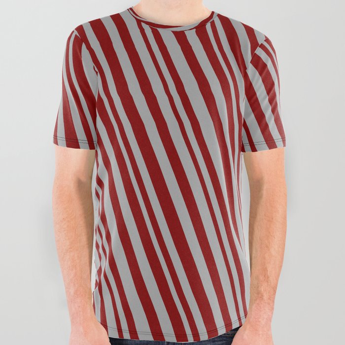 Maroon and Dark Gray Colored Striped Pattern All Over Graphic Tee