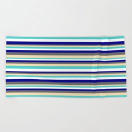 [ Thumbnail: Colorful Dim Grey, Tan, Turquoise, White, and Dark Blue Colored Lined Pattern Beach Towel ]