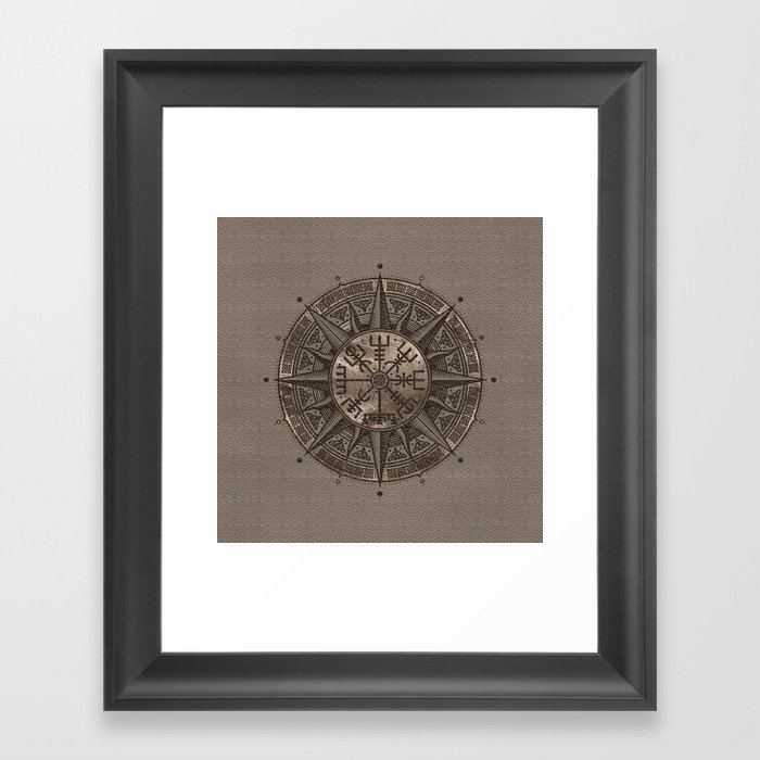 Vegvisir - Viking Compass - Beige Leather and gold Framed Art Print