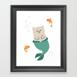 Mermaid Cat playing with Fish Framed Art Print