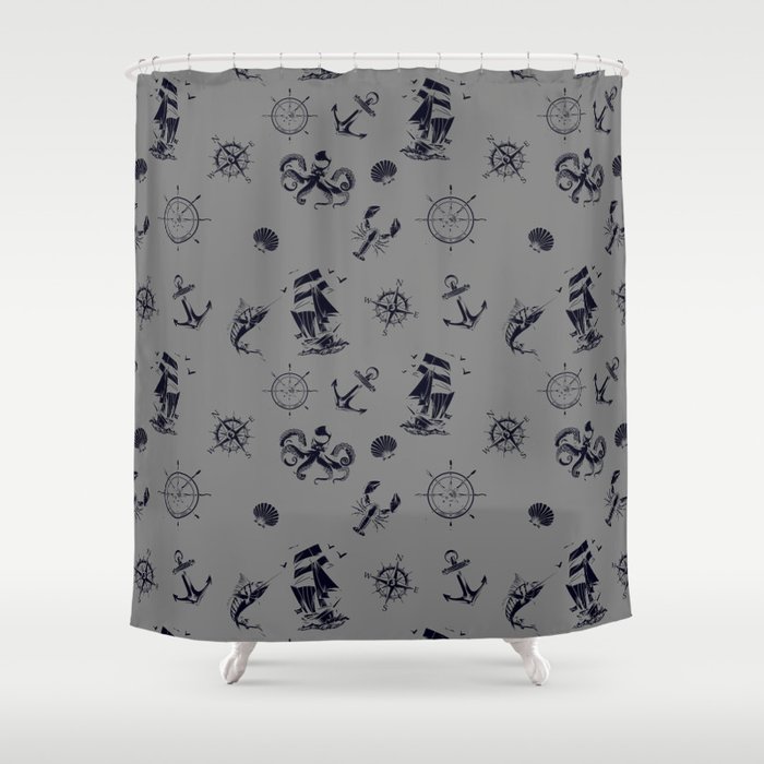 Grey And Blue Silhouettes Of Vintage Nautical Pattern Shower Curtain