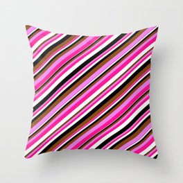[ Thumbnail: Vibrant Brown, Violet, Deep Pink, White, and Black Colored Striped Pattern Throw Pillow ]