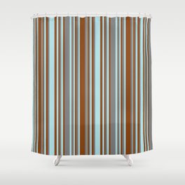 [ Thumbnail: Brown, Powder Blue & Grey Colored Stripes/Lines Pattern Shower Curtain ]
