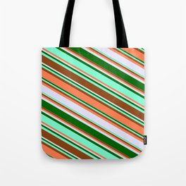 [ Thumbnail: Eyecatching Brown, Coral, Lavender, Dark Green & Aquamarine Colored Lines Pattern Tote Bag ]