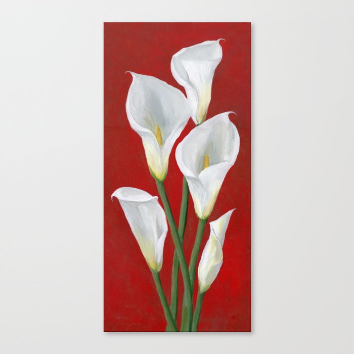 Hand Painted White Calla Lilies On Red Canvas Print By