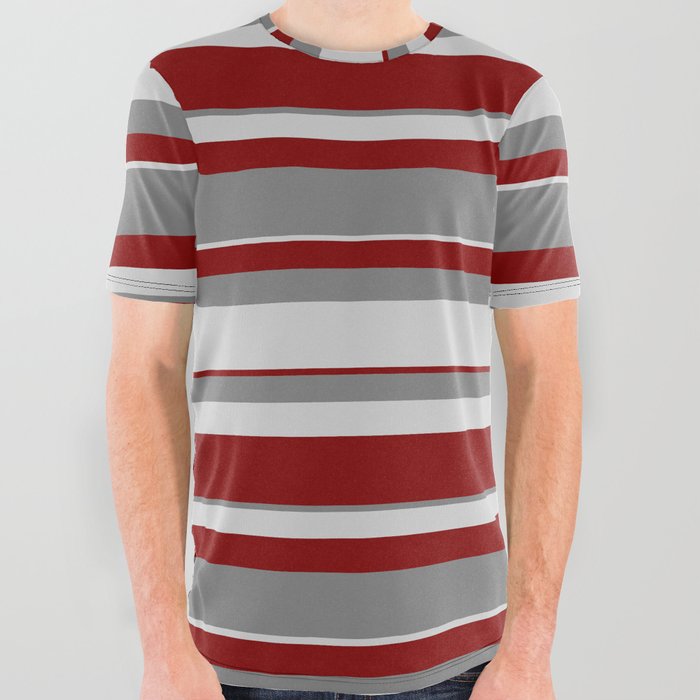 Grey, Light Grey & Maroon Colored Stripes Pattern All Over Graphic Tee