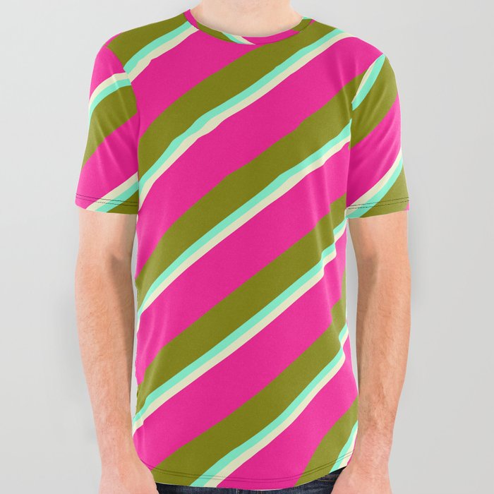 Deep Pink, Green, Aquamarine, and Light Yellow Colored Lined/Striped Pattern All Over Graphic Tee