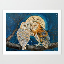 Owls Moon Stars Art Print