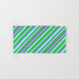 [ Thumbnail: Aquamarine, Lime Green, and Purple Colored Striped/Lined Pattern Hand & Bath Towel ]