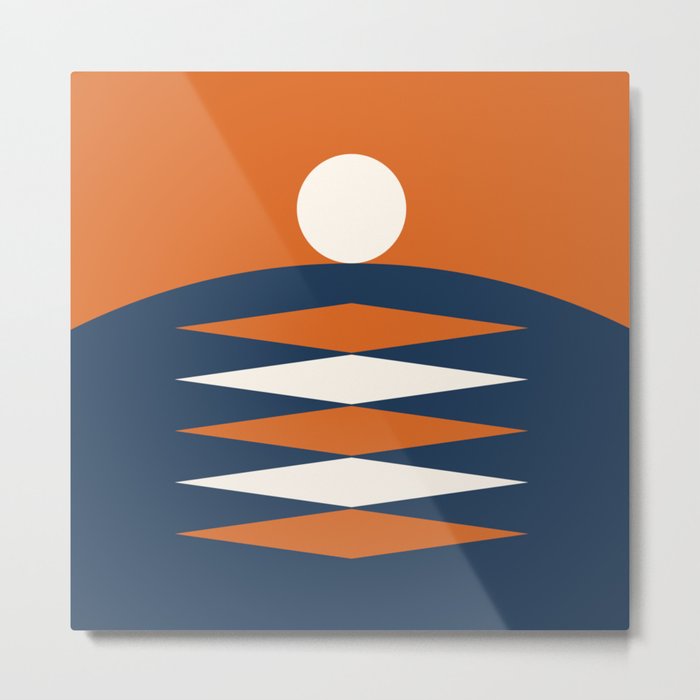 Abstract Geometric Sunrise 22 in Navy Blue Orange Metal Print