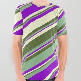 [ Thumbnail: Dark Sea Green, Dark Violet, Light Yellow & Dark Olive Green Colored Stripes Pattern All Over Graphic Tee ]