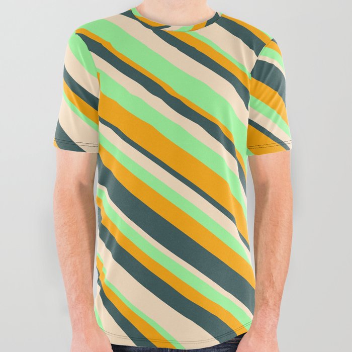 Orange, Dark Slate Gray, Bisque, and Green Colored Lined/Striped Pattern All Over Graphic Tee