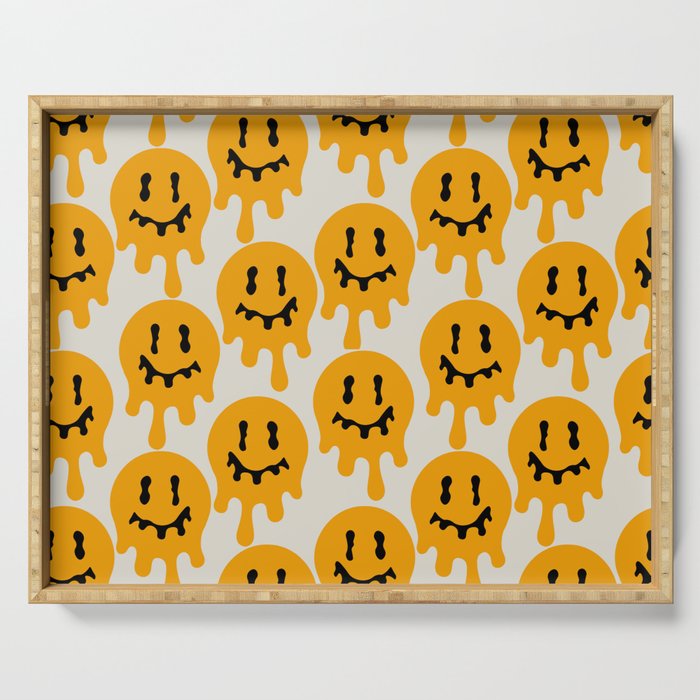 Melted Smiley Faces Trippy Seamless Pattern - Yellow Serving Tray