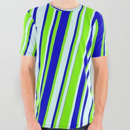 [ Thumbnail: Light Cyan, Blue & Green Colored Lined/Striped Pattern All Over Graphic Tee ]