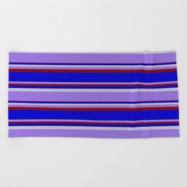 [ Thumbnail: Grey, Purple, Maroon & Blue Colored Lined/Striped Pattern Beach Towel ]
