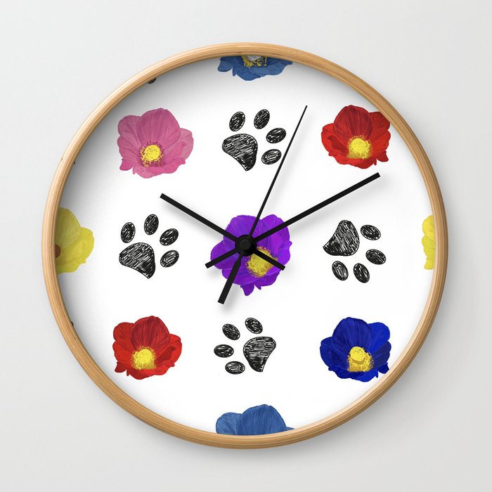 Primulaceae Colorful Flowers and Hand Drawn Paw Print Pattern Wall Clock