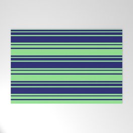 [ Thumbnail: Midnight Blue and Light Green Colored Striped/Lined Pattern Welcome Mat ]
