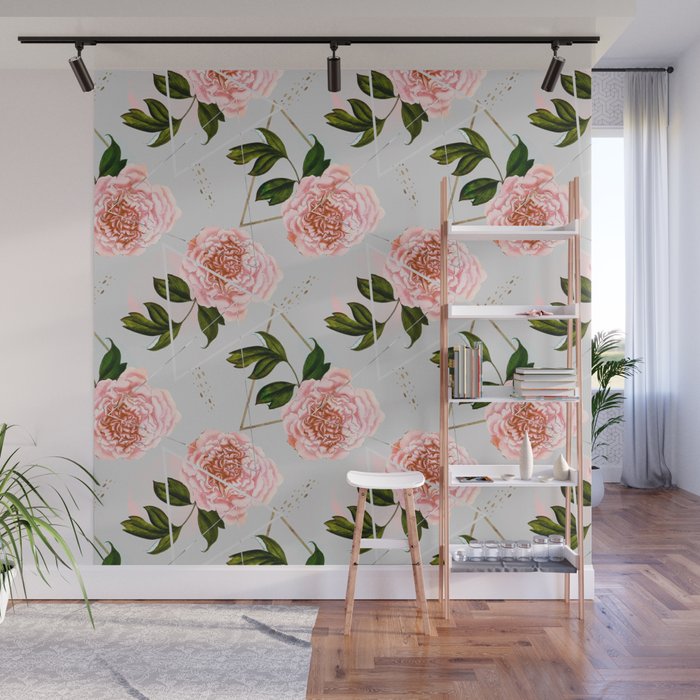 Pattern peonies and golden triangles Wall Mural