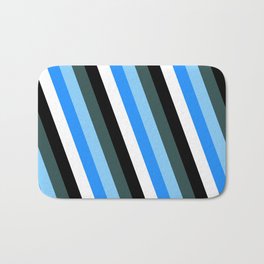 [ Thumbnail: Dark Slate Gray, Light Sky Blue, Blue, White, and Black Colored Lines Pattern Bath Mat ]