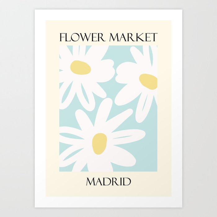 Retro Flower market print, Madrid, Chamomile, Daisy art print, Cute white on blue flowers,  Art Print