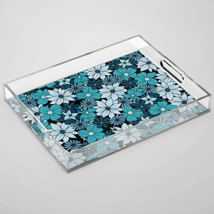 Blue Turquoise Flower Doodle Pattern Acrylic Tray