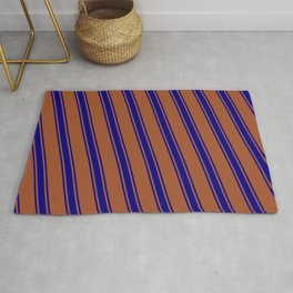 [ Thumbnail: Sienna and Blue Colored Lines/Stripes Pattern Rug ]