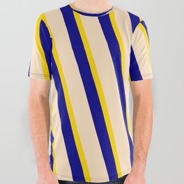 [ Thumbnail: Yellow, Blue, and Bisque Colored Stripes Pattern All Over Graphic Tee ]
