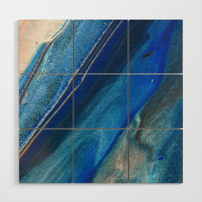 Dark Blue Flow Ii Blue Striped Fluid Pour Painting Metallic Wood Wall Art By Colorflowcreations Society6