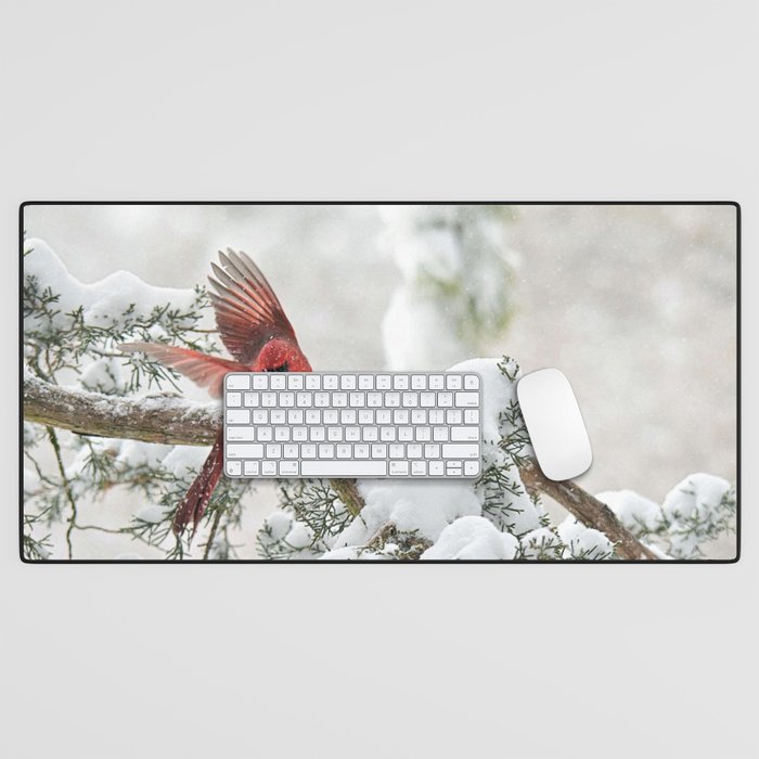 Winter Snow Flight: Northern Cardinal Desk Mat