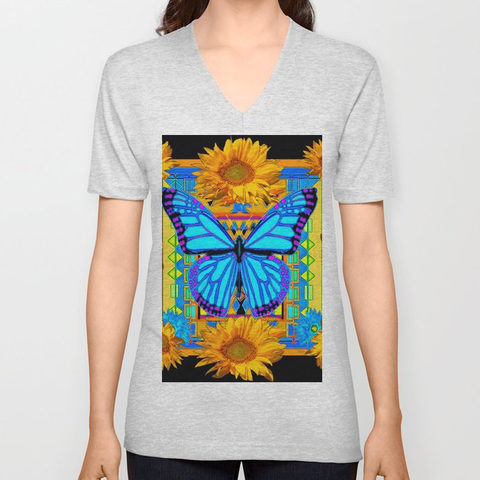 Golden Sunflowers Blue Butterfly black Art V Neck T Shirt