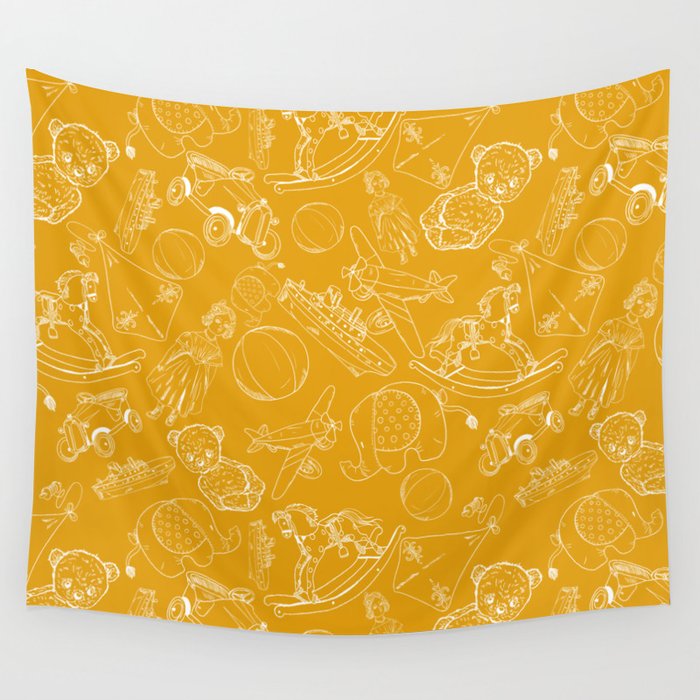 Mustard and White Toys Outline Pattern Wall Tapestry
